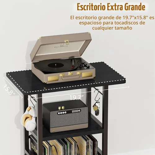 Vista 5 de YAKANJ Soporte para tocadiscos con escritorio extendido, mesa grande para tocadiscos con almacenamiento de vinilo, soporte para tocadiscos