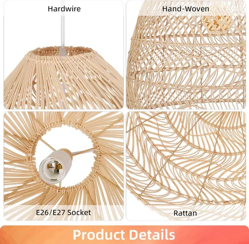 Vista 7 de Arturesthome Lámpara colgante de ratán, lámpara de mimbre estilo bohemio, cesta de techo, lámpara colgante grande de tejido natural para fregadero