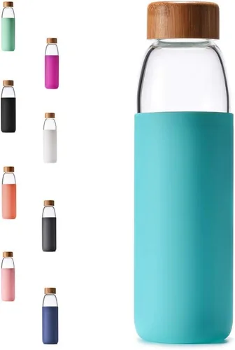 Vista 11 de Botellas de agua de vidrio de borosilicato de 18 onzas con tapa de bambú, sin BPA, funda de silicona antideslizante y tapa a prueba de fugas de Negro
