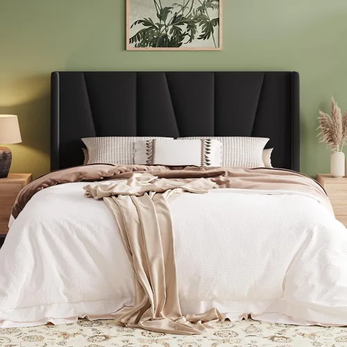 Vista 11 de Allewie Base de cama de plataforma tamaño Queen con cabecera geométrica con respaldo de alas, cama tapizada bohemia con soporte de listones de Beige