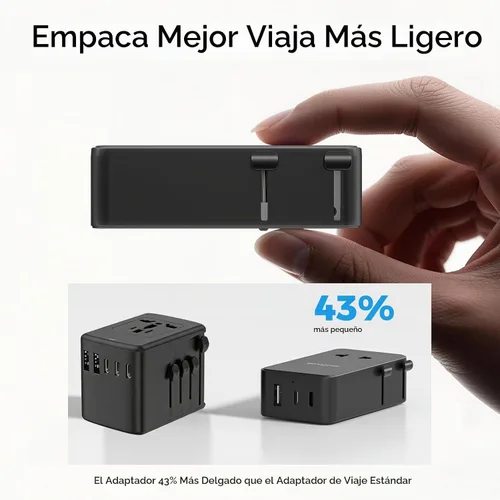 Vista 4 de Adaptador de viaje universal, adaptador de corriente internacional con 1 salida de CA, 1 USB-A y 2 puertos USB-C, funciona en más de 150 países