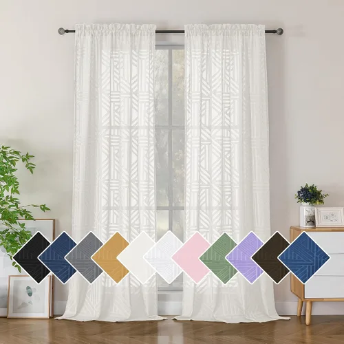 Vista 39 de Simplebrand Cortinas traslúcidas negras de cocina de 24 pulgadas de largo, 2 paneles, filtrado de luz, geométrico jacquard con textura, cortinas