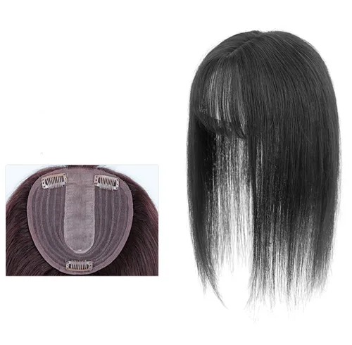 Vista 7 de LXUE Parte superior de cabello humano con base de seda natural para mujeres con cabello gris y delgado, 5 x 5.5 pulgadas, base con flequillo, 8.7
