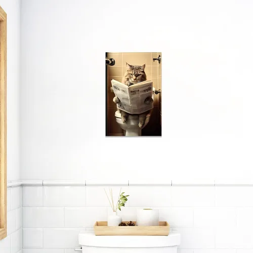 Vista 5 de CCWACPP Divertido lienzo para baño, arte de pared de gato sentado en el inodoro, lectura de periódicos, impresiones de pintura de inodoro, baño