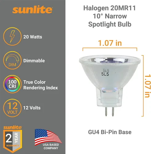 Vista 3 de Sunlite 03165 Bombilla halógena MR11 de punto estrecho de 10°, 20 vatios, 12 voltios, base de 2 pines (GU4), regulable, 100 CRI, vida útil de 2,000