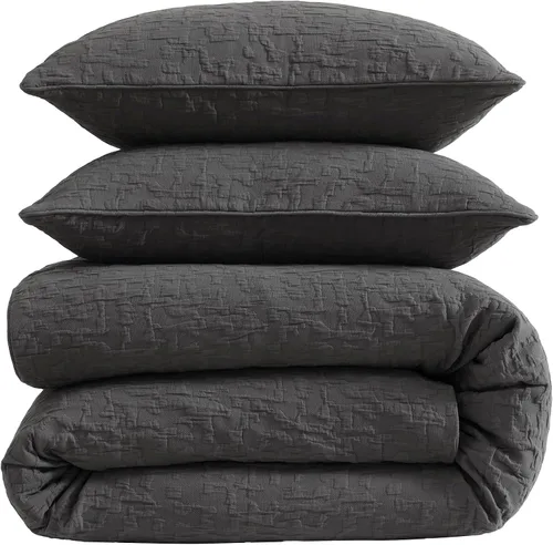 Vista 4 de HiEnd Accents Porto Matelassé - Juego de edredón de 3 piezas con fundas de almohada, tamaño Queen, algodón gris carbón texturizado, moderno