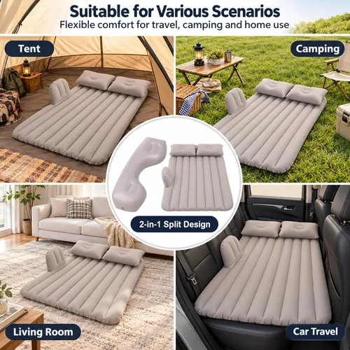 Vista 5 de Inflatable Car Air Mattress, Split Design Back Seat Car Travel Air Bed with Air Pump, Pillows & Support Column, Thickened Portable Blow Up Sleeping