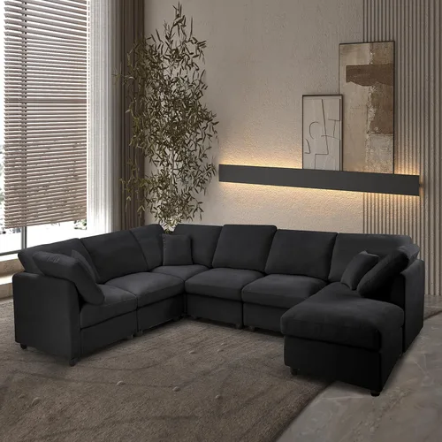 Vista 10 de Sofá modular de 117 pulgadas, sofá modular de felpilla en forma de U con otomana móvil, moderno sofá modular de 7 asientos para sala de estar, Beige