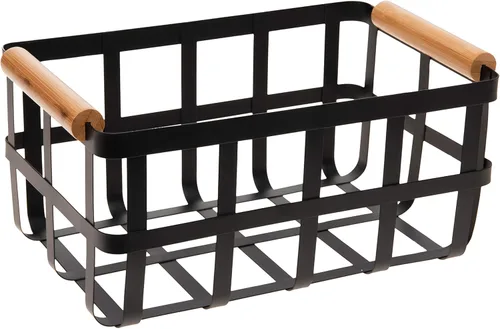 Vista 7 de Simplify Cesta de almacenamiento cuadrada de metal con asas de bambú Mediana Cesta de alambre estilo granja Organizador para el hogar Negro