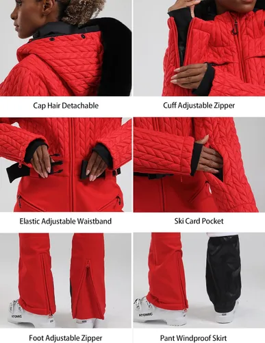 Vista 48 de GSOU SNOW Traje de esquí para mujer, traje de nieve delgado de una pieza, chaqueta de nieve, impermeable, resistente al viento, deportes al aire