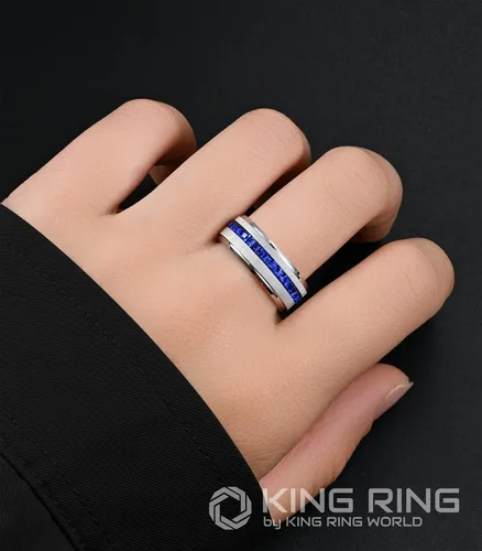 Vista 4 de King Ring 8mm Stone Line Rings Ver.2 Extra Polished Mens & Womens Bands with Glass Stones Designed in USA