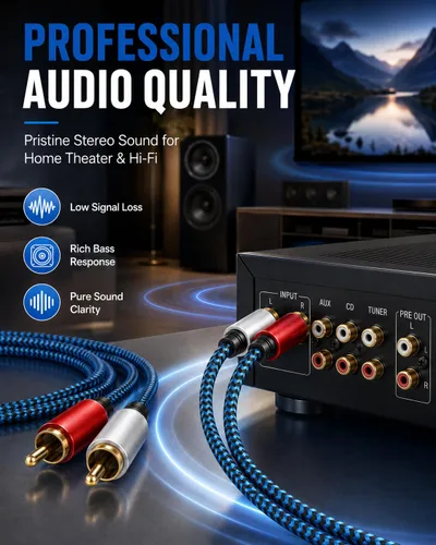 Vista 4 de Cable RCA de 5 pies/4.9 ft 2RCA macho a 2RCA macho cable de audio estéreo trenzado de nailon cable de audio auxiliar para cine en casa