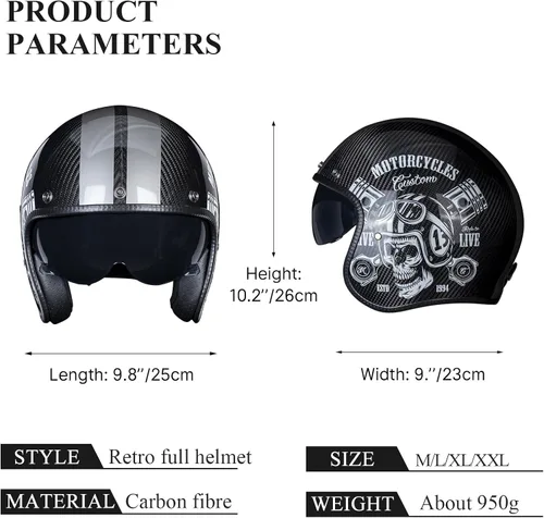Vista 4 de Kaese Cascos de motocicleta de fibra de carbono con cara abierta retro 3/4 con visera solar para hombres y mujeres para motocicleta, crucero