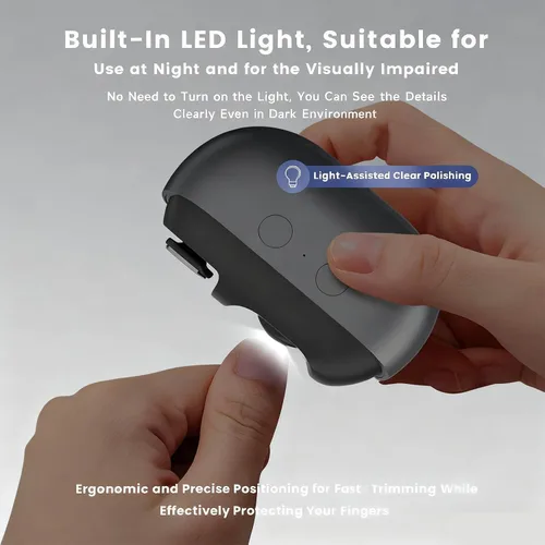 Vista 5 de Cortaúñas eléctrico gris con luz LED, recortador de uñas inteligente recargable por USB, cortador automático 3 en 1 para uñas gruesas, diseño