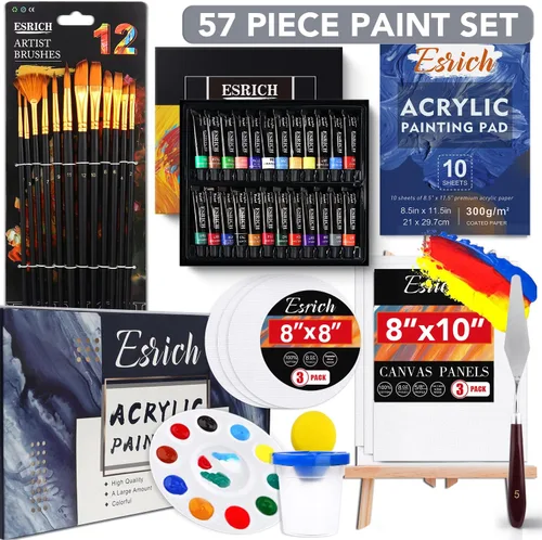 Vista 2 de Juego de pintura acrílica, 57 piezas de suministros de pintura profesional con pinceles, pintura acrílica, caballete, lienzos, almohadillas
