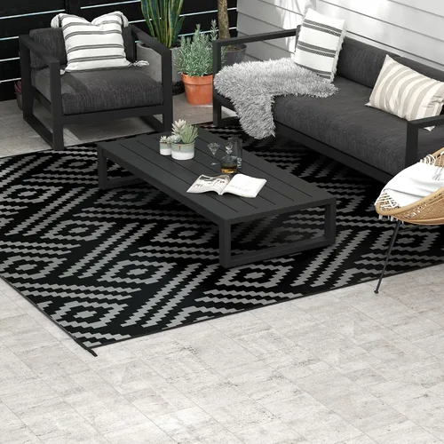 Vista 30 de Outsunny Alfombra de exterior para patio impermeable 9' x 18' rombo negro y Borde rombo negro y gris