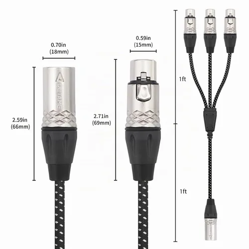 Vista 2 de Cable divisor en Y de 3 pines XLR macho a 3 hembras, divisor XLR de 3 vías, 1 macho a 3 hembras, micrófono de audio de tres entradas y una salida, 2