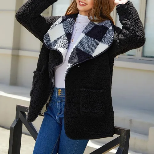 Vista 4 de Chaqueta Sherpa de forro polar mullido para mujer, para otoño e invierno, manga larga, con botones, con bolsillos