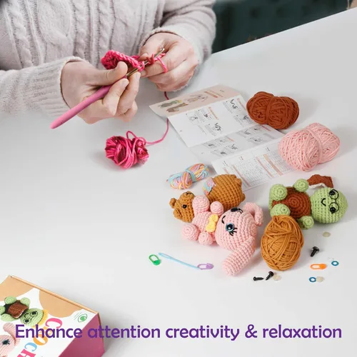 Vista 6 de Kit de ganchillo para aprender A-URA para principiantes niños y adultos, kits de ganchillo premium de 3 patrones de animales de gran