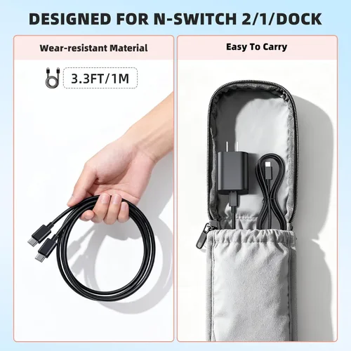 Vista 4 de Cargador Switch 2 - Adaptador de CA de 60W para Nintendo 2 (2025)/Nintendo 1, Cable de carga de 3.3 (1M) pies, Soporte de modo de acoplamiento