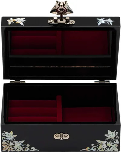 Vista 8 de Joyero de nácar Recuerdo lacado negro con diseño floral y de mariposa, interior y espejo de terciopelo rojo Regalo romántico del día de San