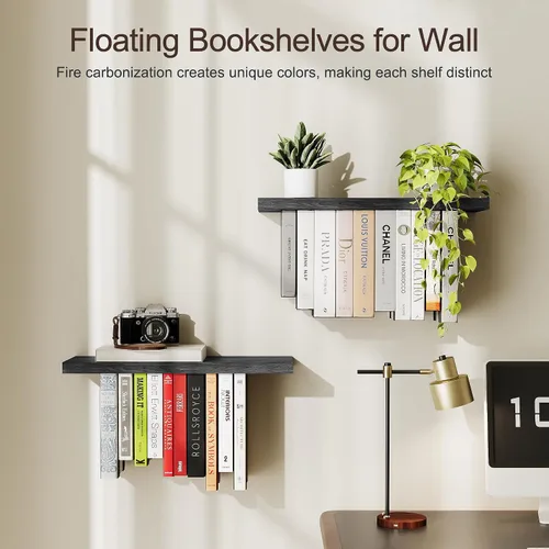 Vista 4 de Estantería flotante para pared, estantería colgante de madera rústica, estante de libros boca abajo y estantes montados en la pared para decoración
