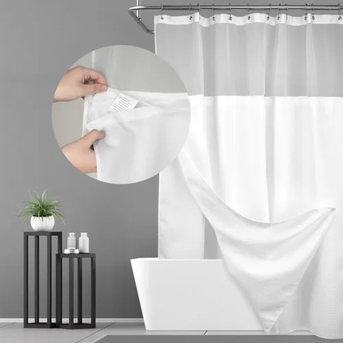 Vista 15 de N&Y HOME - Juego de cortina de ducha de punto gofre, forro de tela a presión y ganchos, para ducha pequeña, estilo hotel, ventana superior de malla