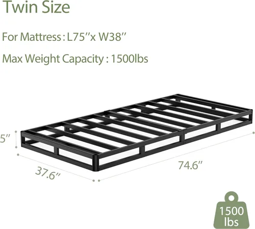 Vista 3 de Base de cama de metal resistente de 5 pulgadas con funda de somier de metal resistente y perfil bajo de 5 pulgadas para marco de cama, base