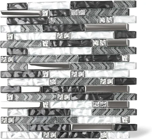 Vista 10 de Azulejos de pared lineales de vidrio, azulejos de mosaico blanco y verde azulado para cocina, baño, protector contra salpicaduras [juego de 5]