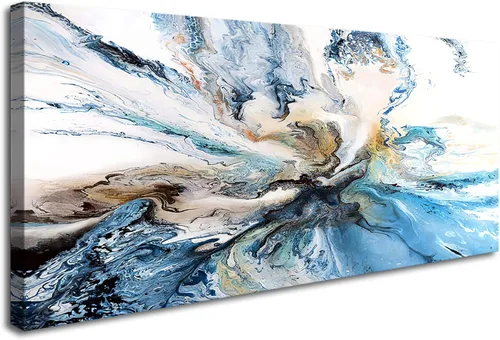 Vista 10 de DZL Art A74875 - Arte abstracto grande para pared, impresiones en lienzo gris y azul, arte de pared enmarcado, arte de pared para sala de estar