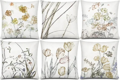 Vista 25 de COMMINY Juego de 6 fundas de almohada decorativas de 16 x 16 pulgadas / 16.0 x 16.0 in., diseño de margaritas y margaritas para sofá, moderna funda