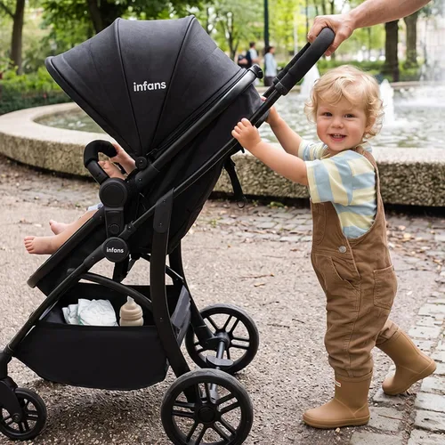 Vista 10 de INFANS Cochecito de bebé 2 en 1, cochecito convertible con moisés, asiento reversible, respaldo ajustable, plegable con una mano, cochecito compacto