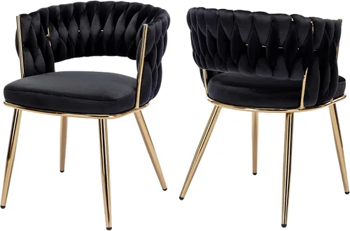 Vista 19 de Juego de 2 sillas de comedor tejidas, modernas sillas de comedor tejidas a mano con patas de metal negro, sillas tapizadas con marco negro