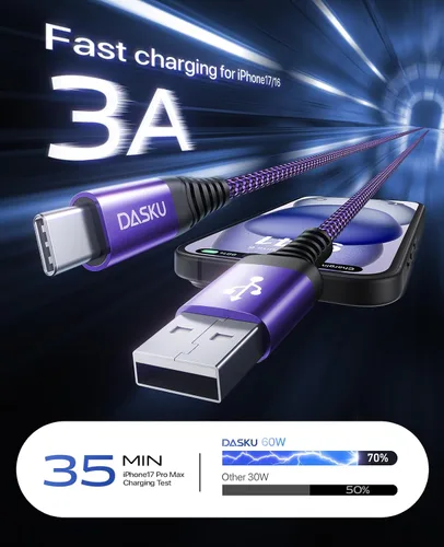 Vista 26 de Dasku iPhone 17 USB C a USB C de carga rápida, 60 W (3.1 A), paquete de 2 cables cargador de carga de 3 pies tipo C para iPhone 17/16/15/15 Plus/15