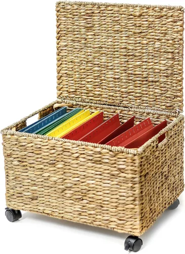 Vista 8 de Trademark Innovations Caja de archivo con ruedas de mimbre para colgar, cesta de almacenamiento de jacinto de agua (marrón oscuro)