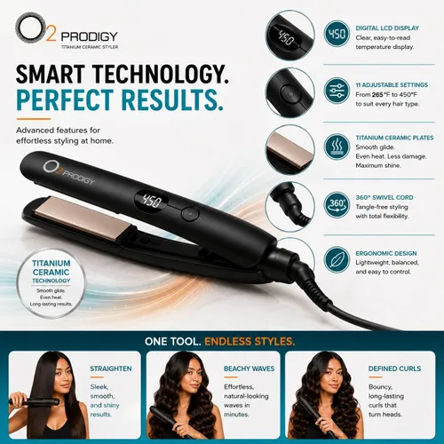 Vista 3 de O2 PRODIGY - Plancha de pelo de cerámica de titanio para mujer
