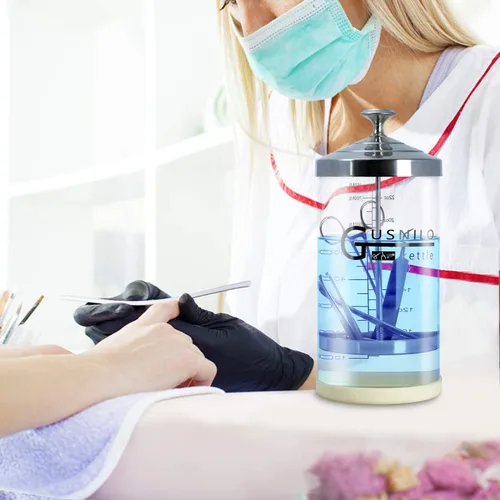 Vista 2 de Tarro desinfectante de peluquero (30 onzas) con bandeja de acero inoxidable, ideal para spa, salón y herramientas de uñas 30oz
