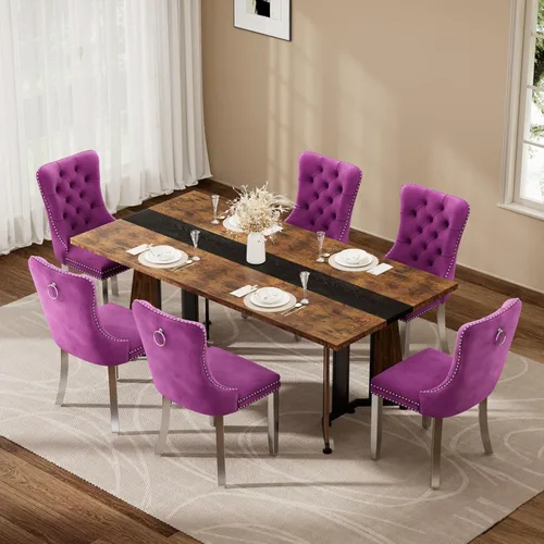 Vista 33 de Juego de mesa de comedor de 5 piezas con 4 sillas, mesa de comedor rectangular de madera de 71 pulgadas con sillas de comedor de terciopelo, tablero