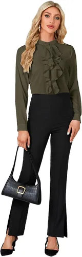 Vista 6 de LYANER - Blusa de cuello alto con botones, volantes en el frente, manga larga, camisa de trabajo para mujer