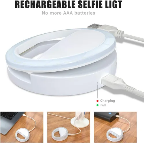 Vista 2 de Meifigno Anillo de luz para selfie, [recargable] con 36 luces LED, 3 niveles de brillo ajustable con clips de brillo en el teléfono, anillo de luz