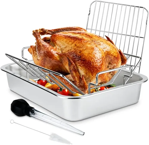 Vista 11 de Asador de pavo de acero inoxidable asado V Rack con sartén