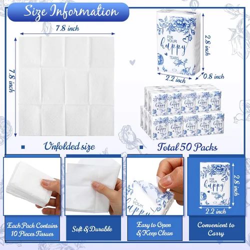 Vista 3 de Spiareal 50 pañuelos azules con diseño de lágrimas felices para boda, 3 capas para tus lágrimas felices, pañuelos de boda para invitados, papel