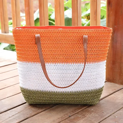 Vista 67 de Bolso grande de paja para mujer, tejido de ratán, bolso de playa de verano, a rayas