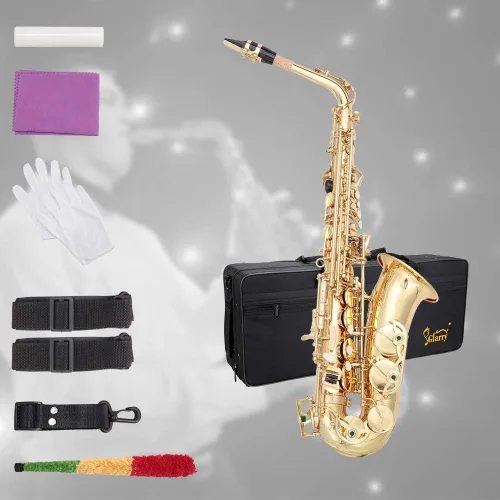 Vista 8 de Glarry Student Alto Eb E-flat SAX Saxofón Lacado Dorado SAX Kit para Principiantes con Estuche, Cañas, Boquilla, Paño de Limpieza Suave y Varilla