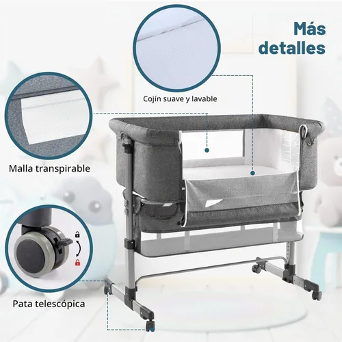 Vista 9 de Ihoming Moisés para bebé, cuna lateral con cesta de almacenamiento, cuna plegable fácil, cama ajustable para bebé recién nacido, gris