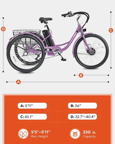 Vista 9 de VIRIBUS Triciclo eléctrico para adultos, triciclo eléctrico de 24 26 pulgadas con batería extraíble de 468 Wh, 250 W/350 W (pico 500 W) bicicletas