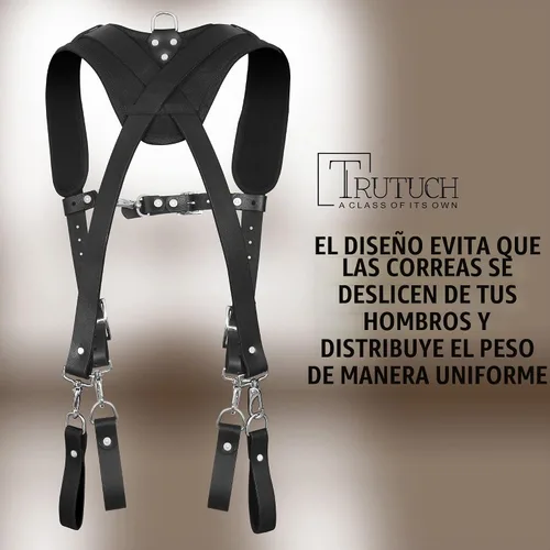 Vista 3 de Tirantes de trabajo de cuero con bolsillos Tirantes de cinturón de herramientas de cuero acolchado totalmente ajustables Negro