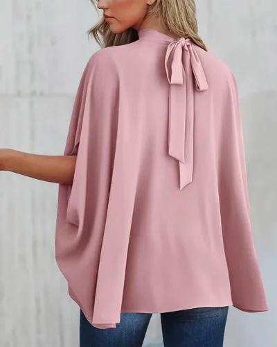 Vista 55 de BTFBM Blusas de verano para mujer, cuello alto falso, manga murciélago, holgadas, dobladillo alto y bajo, blusas informales de gran