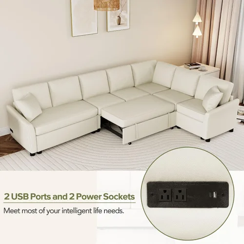 Vista 6 de JIVOIT Sofá cama moderno en forma de L con dos almohadas de respaldo, sofá cama modular de 124.8 pulgadas con cama extraíble, sofá modular Beige 052