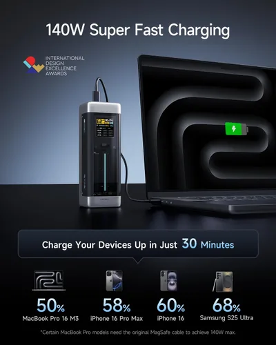 Vista 2 de CUKTECH NO.20 Cargador portátil de 140W, banco de energía de 25,000mAh con 3 puertos, cargador rápido para portátil para viajes y trabajo al aire